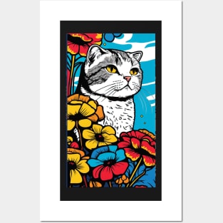 Scottish Fold Cat Vibrant Tropical Flower Tall Retro Vintage Digital Pop Art Portrait 3 Posters and Art